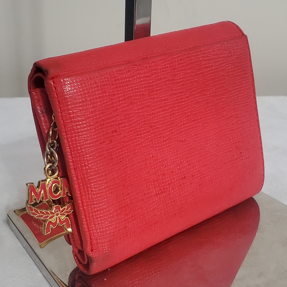 MCM Red Leather Studded Logo Motifs Trifold Wallet w/ Charms - Picture 3 of 16